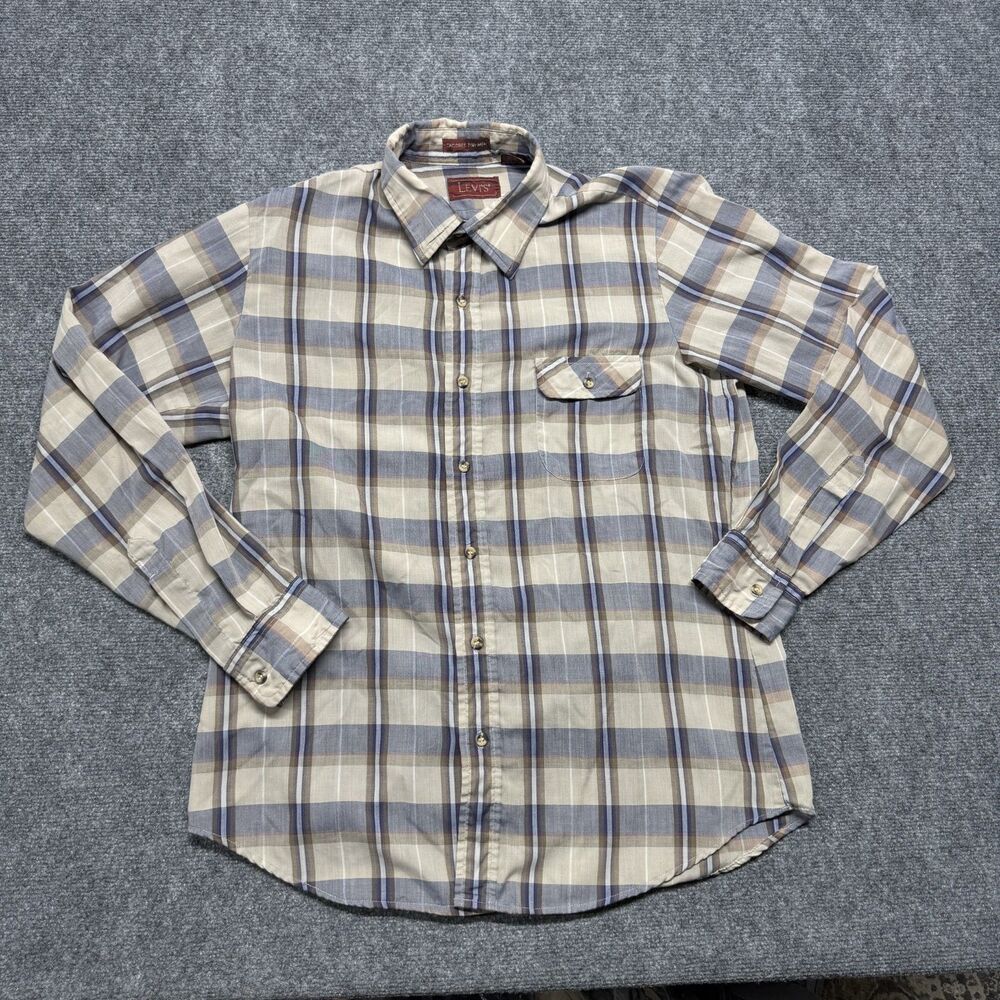 Levi's Men's L Plaid Long Sleeve Button Shirt 65/35 Poly Cotton Made Vintage